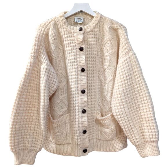 Bonner Of Ireland Sweaters - BONNER OF IRELAND Waffle Knit 100% Pure Wool Cream Button Sweater Cardigan Sz XL